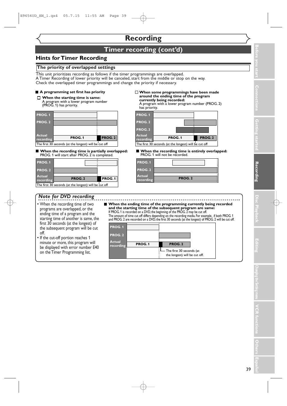 Recording, Timer recording (cont’d), Hints for timer recording | Sharp DV-RW550U User Manual | Page 39 / 112