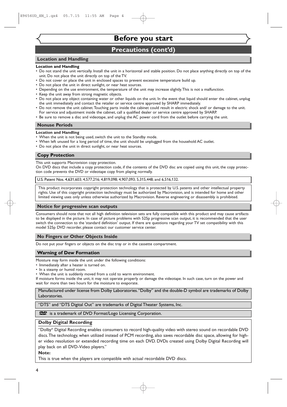 Before you start, Precautions (cont’d) | Sharp DV-RW550U User Manual | Page 4 / 112