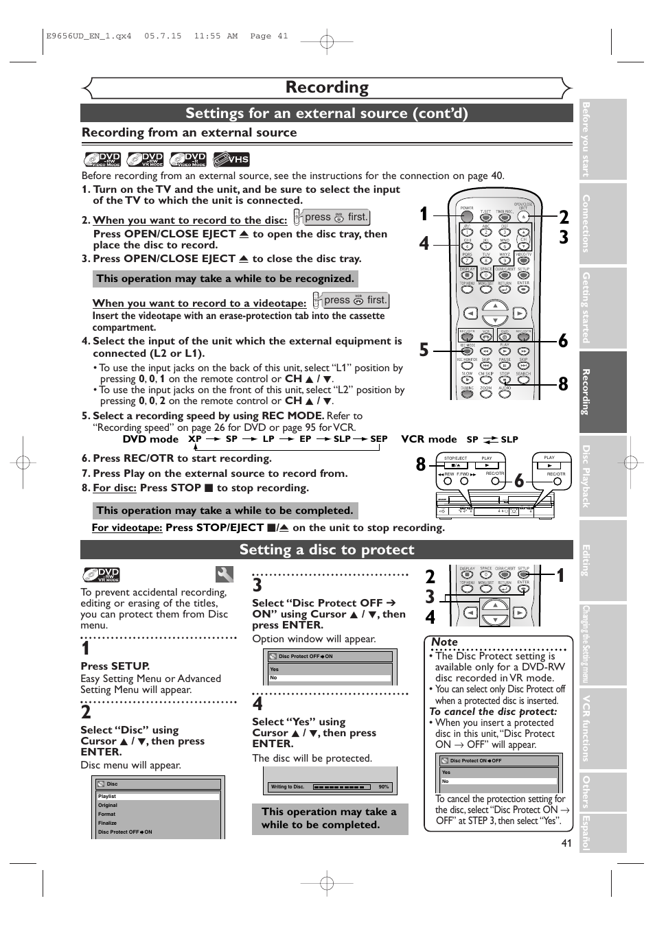 Recording, Settings for an external source (cont’d), Setting a disc to protect | Recording from an external source | Sharp DV-RW550U User Manual | Page 41 / 112