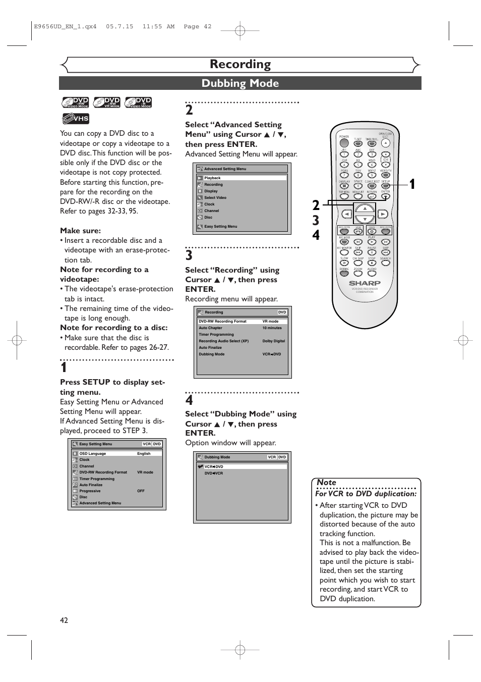 Recording, Dubbing mode | Sharp DV-RW550U User Manual | Page 42 / 112