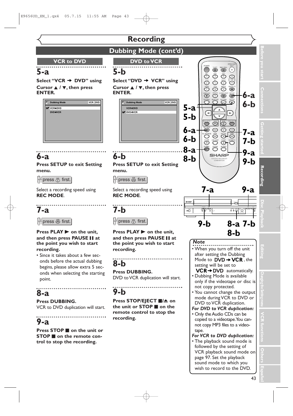 B 9-a 9-b, Recording, Dubbing mode (cont’d) | Sharp DV-RW550U User Manual | Page 43 / 112