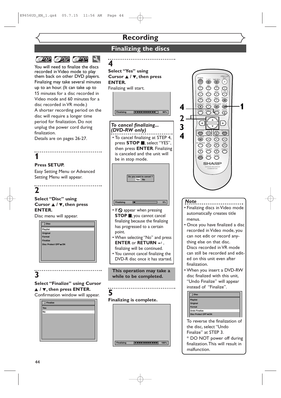 Recording, Finalizing the discs | Sharp DV-RW550U User Manual | Page 44 / 112