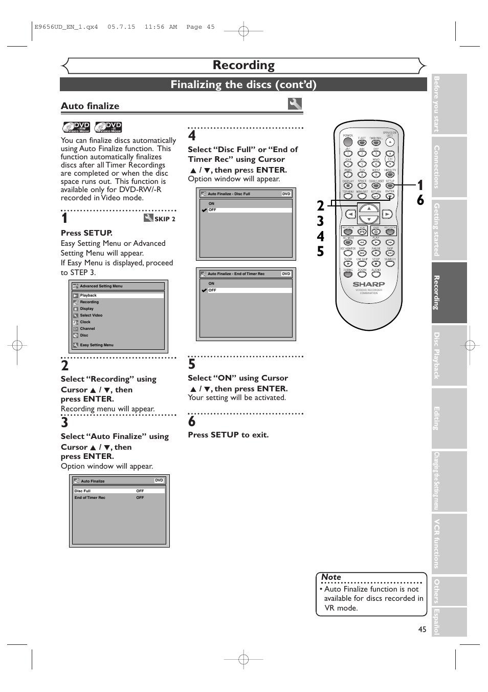 Recording, Finalizing the discs (cont’d), Auto finalize | Sharp DV-RW550U User Manual | Page 45 / 112