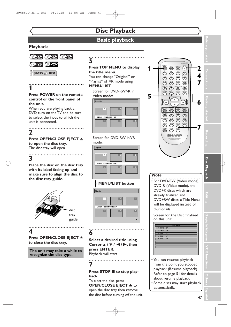 Disc playback, Basic playback, Playback | Sharp DV-RW550U User Manual | Page 47 / 112