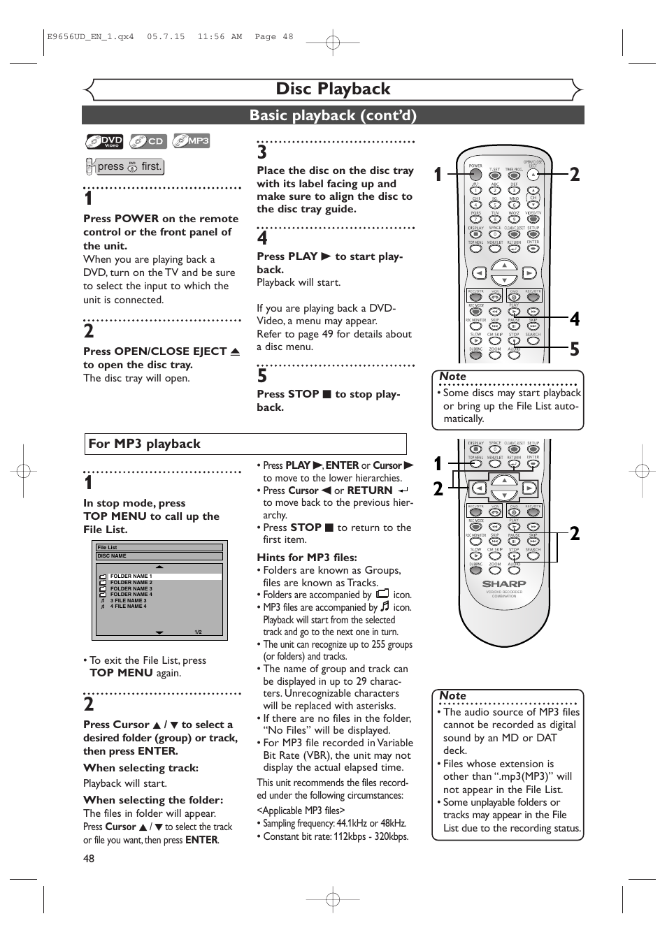 Disc playback, Basic playback (cont’d) | Sharp DV-RW550U User Manual | Page 48 / 112