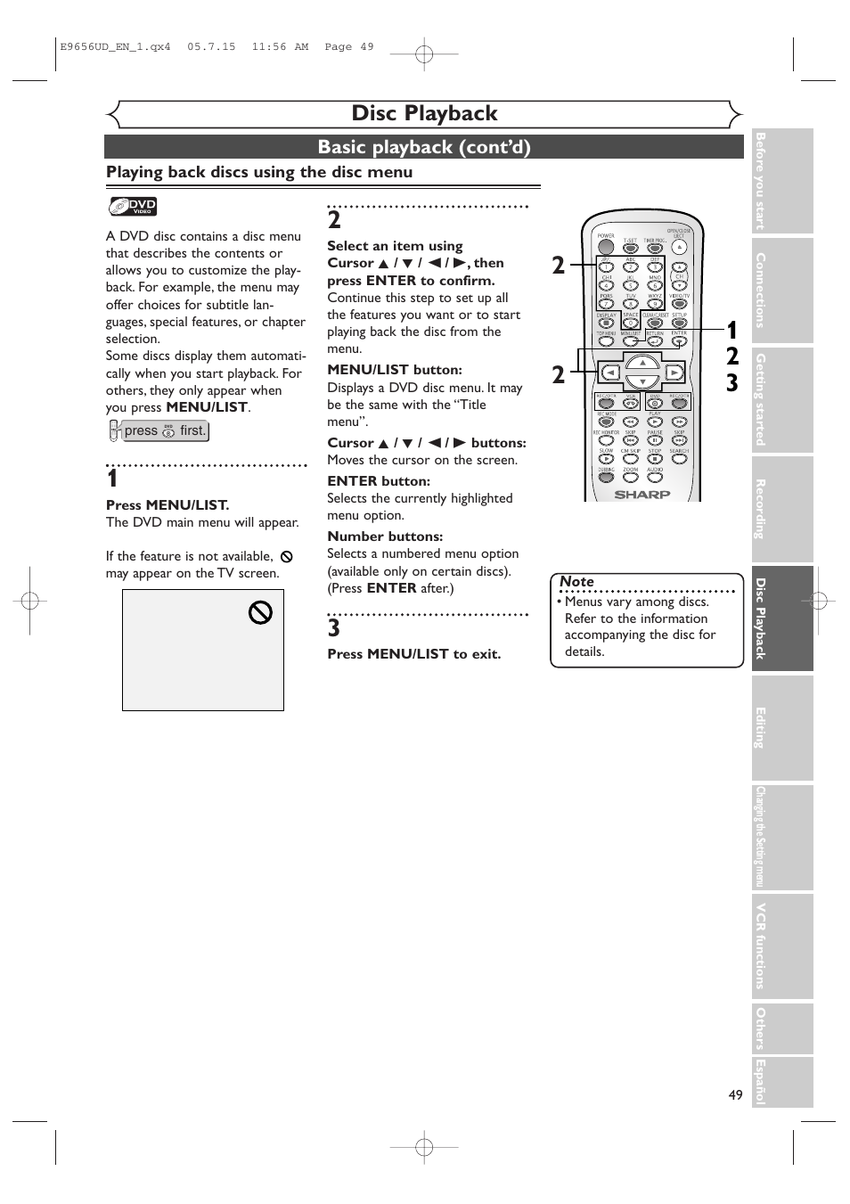 Disc playback, Basic playback (cont’d) | Sharp DV-RW550U User Manual | Page 49 / 112