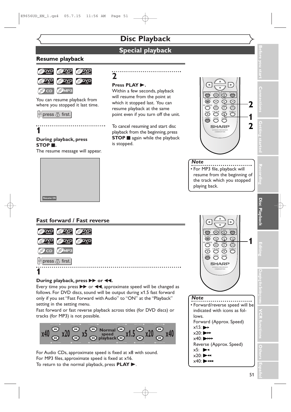 Disc playback, Special playback | Sharp DV-RW550U User Manual | Page 51 / 112