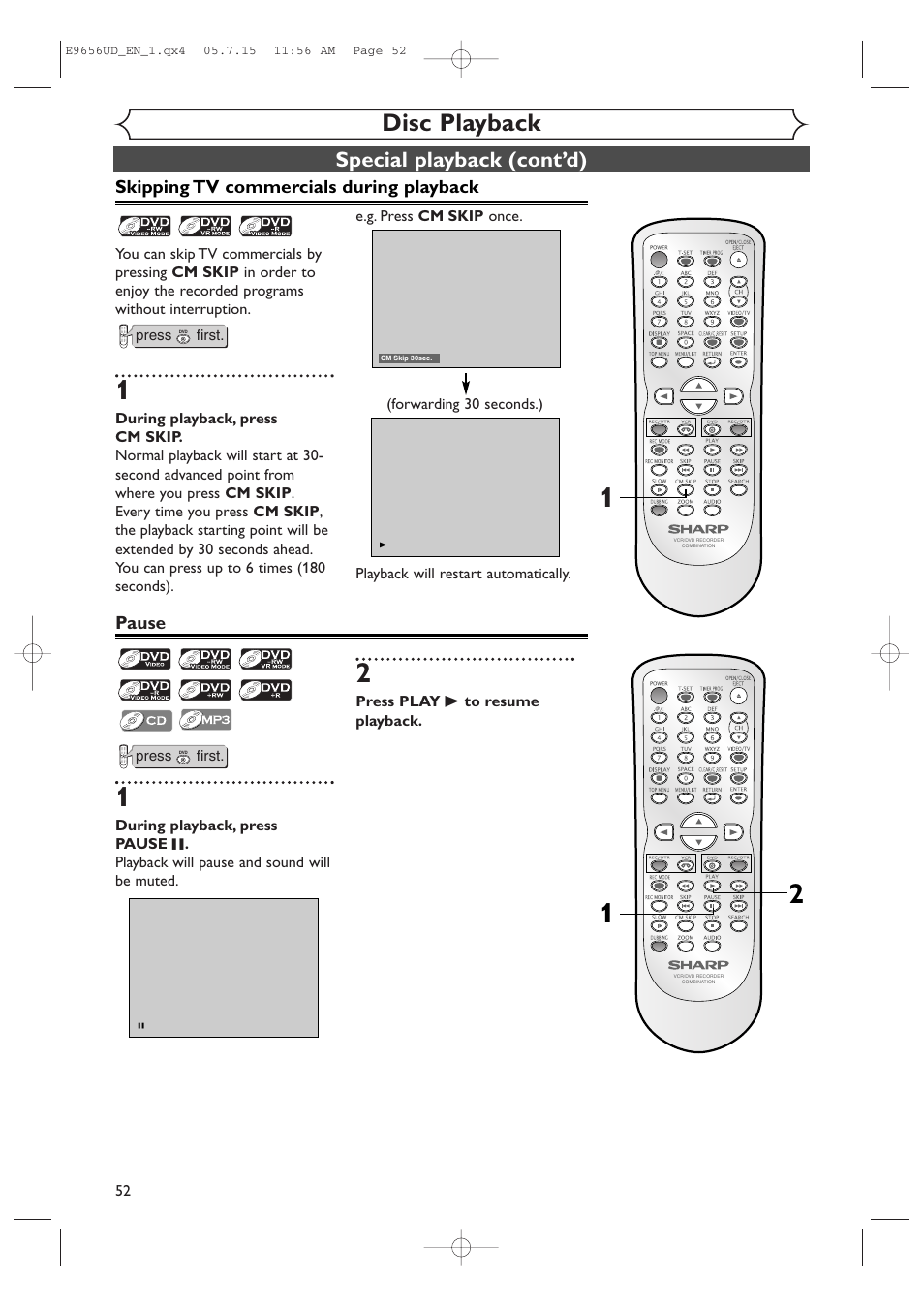 Disc playback, Special playback (cont’d) | Sharp DV-RW550U User Manual | Page 52 / 112