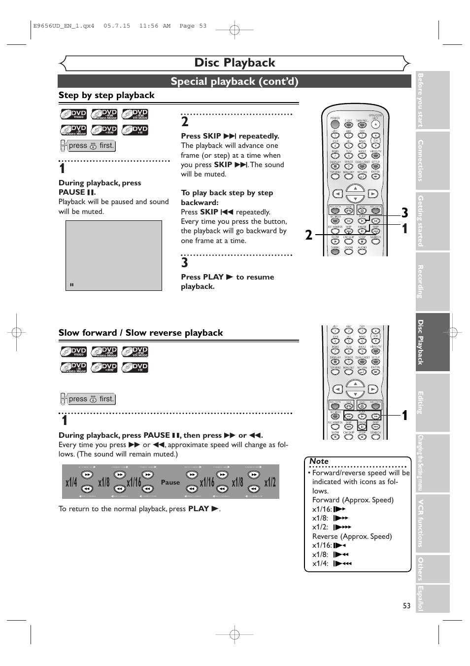 X1/8, Disc playback | Sharp DV-RW550U User Manual | Page 53 / 112