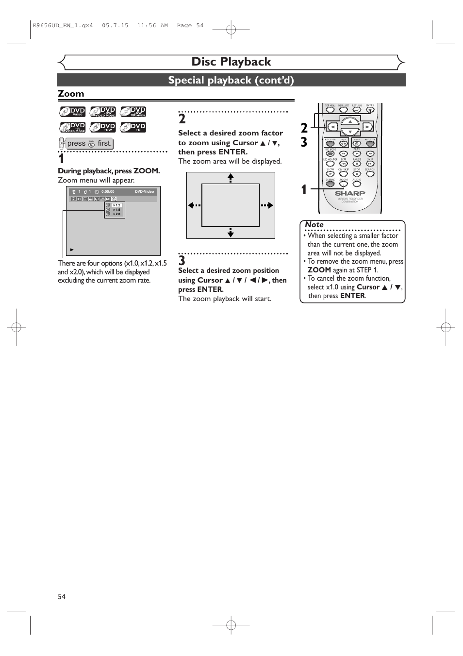 Disc playback, Special playback (cont’d), Zoom | Sharp DV-RW550U User Manual | Page 54 / 112