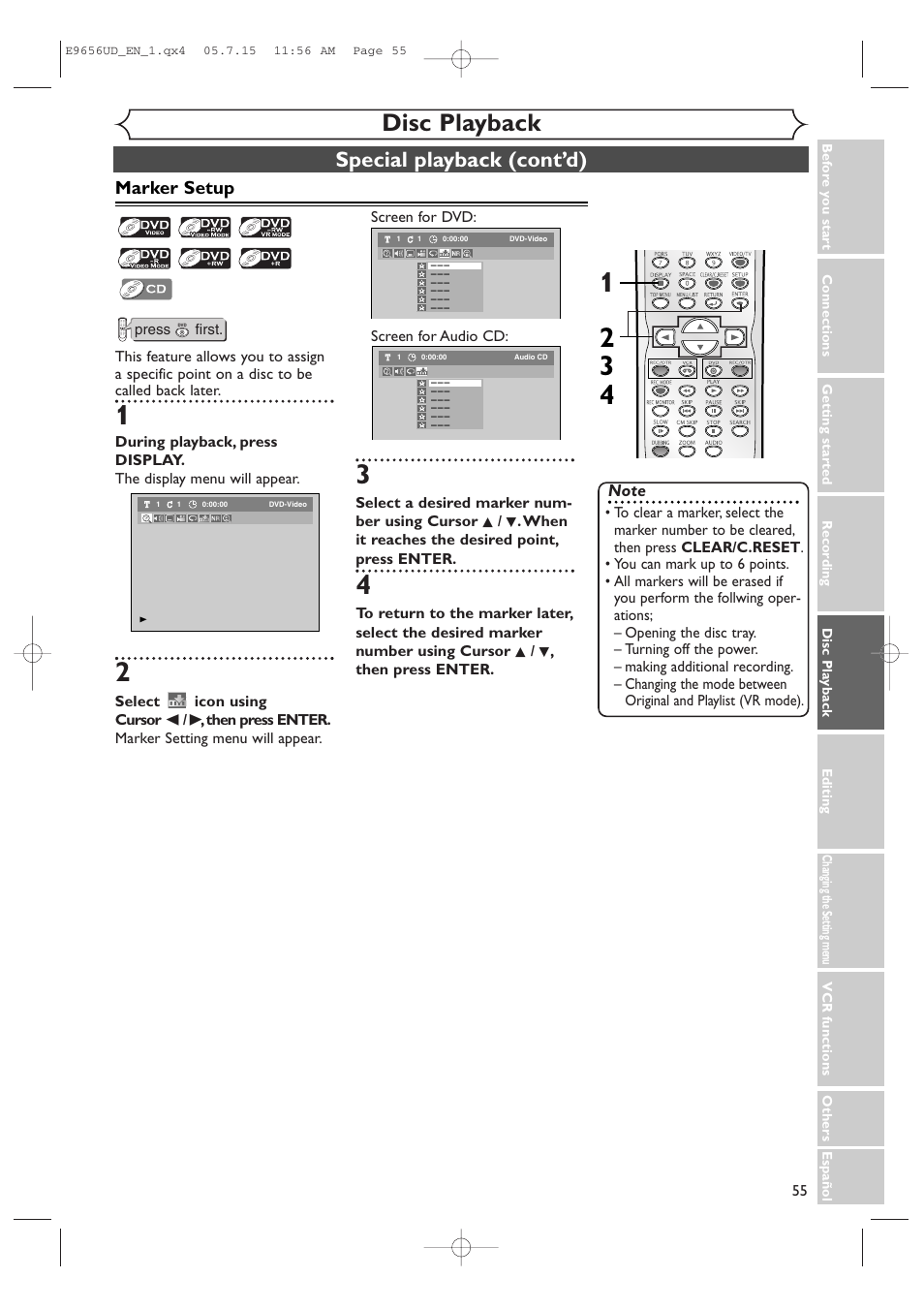 Disc playback, Special playback (cont’d), Marker setup | Sharp DV-RW550U User Manual | Page 55 / 112