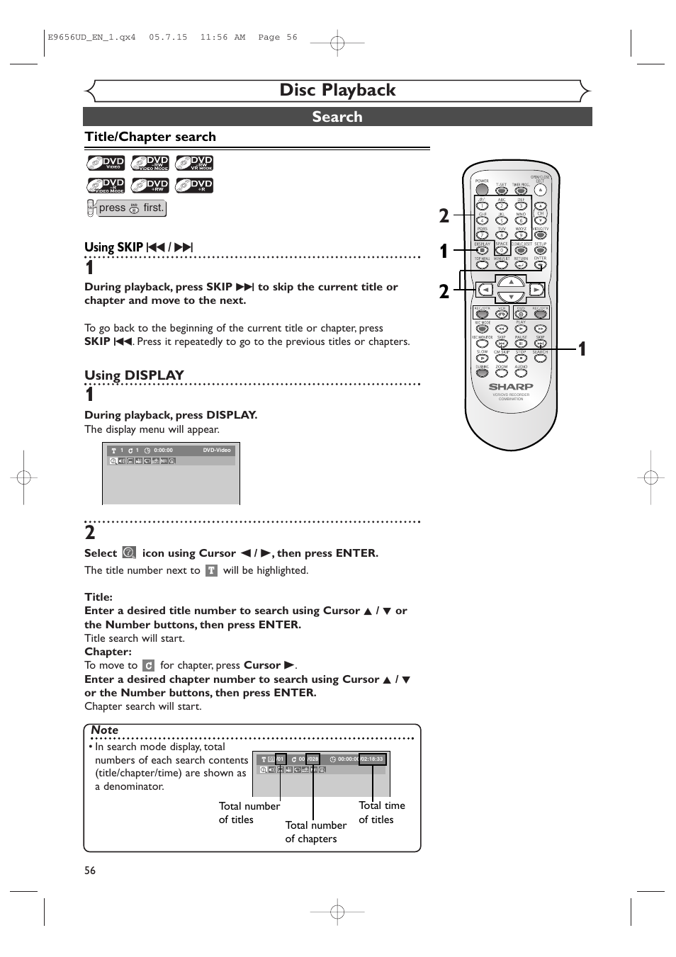 Disc playback, Search | Sharp DV-RW550U User Manual | Page 56 / 112