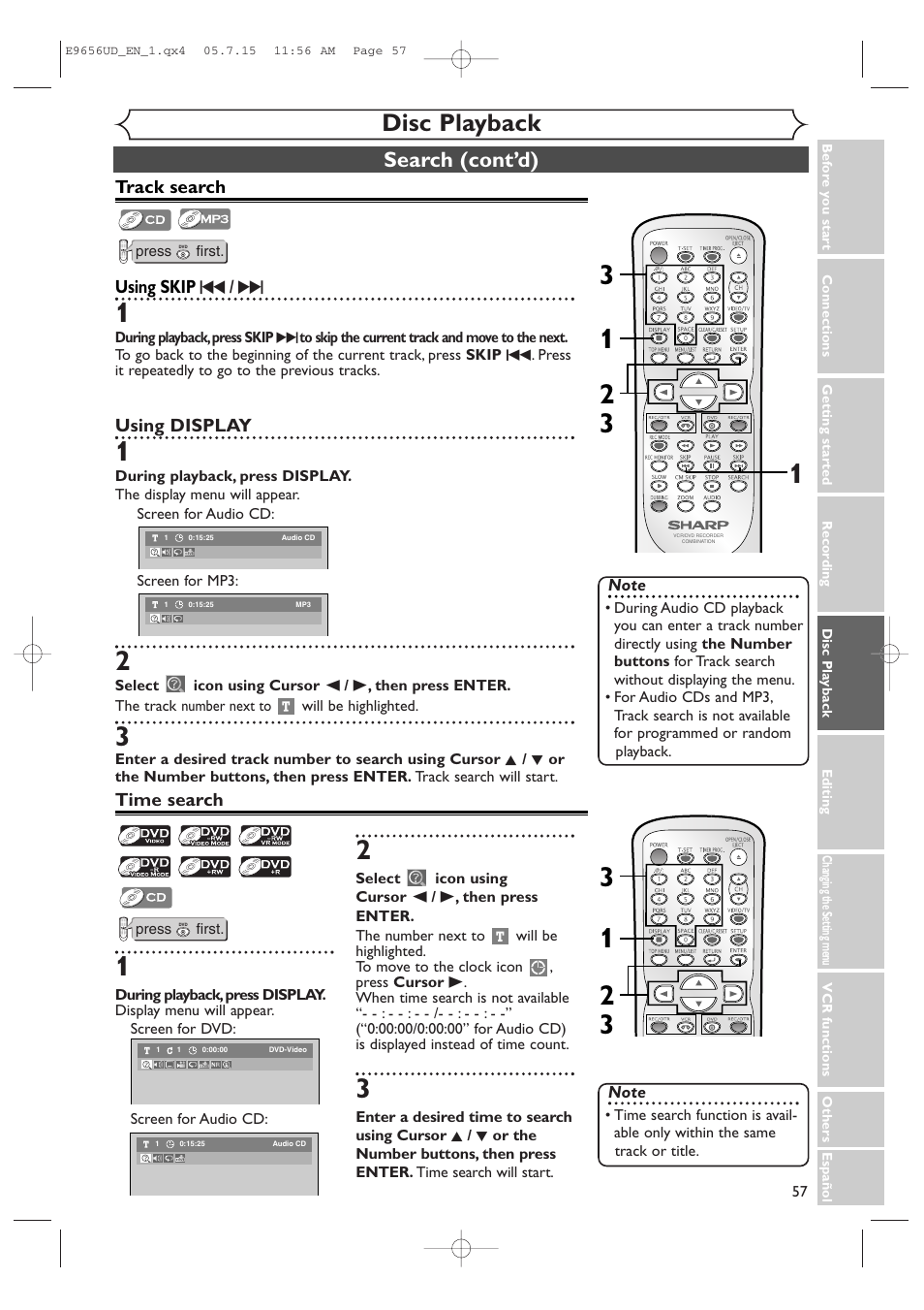 Disc playback, Search (cont’d) | Sharp DV-RW550U User Manual | Page 57 / 112