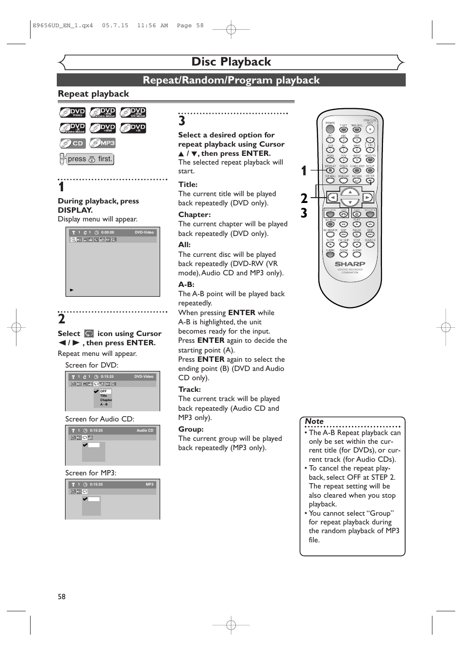 Disc playback, Repeat/random/program playback, Repeat playback | Sharp DV-RW550U User Manual | Page 58 / 112