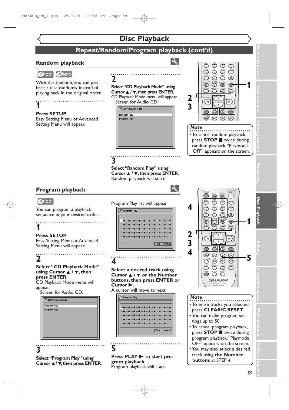 Disc playback, Repeat/random/program playback (cont’d), Program playback | Random playback | Sharp DV-RW550U User Manual | Page 59 / 112