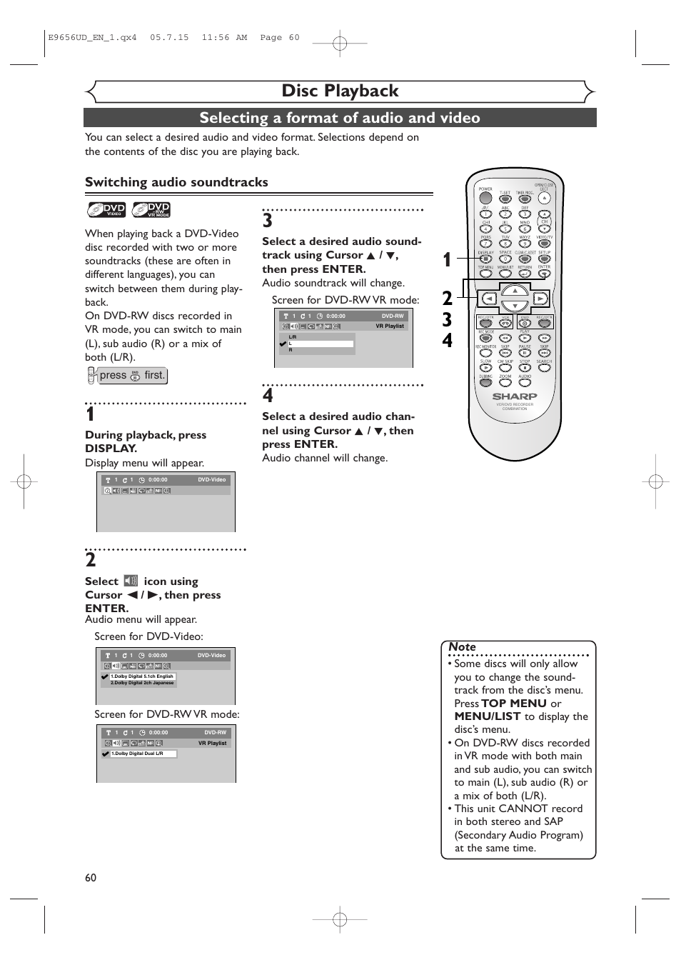 Disc playback, Selecting a format of audio and video, Switching audio soundtracks | Sharp DV-RW550U User Manual | Page 60 / 112