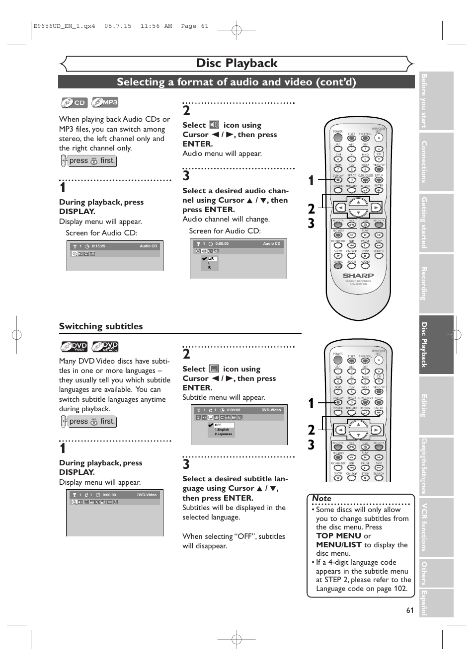 Disc playback, Selecting a format of audio and video (cont’d), Switching subtitles | Sharp DV-RW550U User Manual | Page 61 / 112