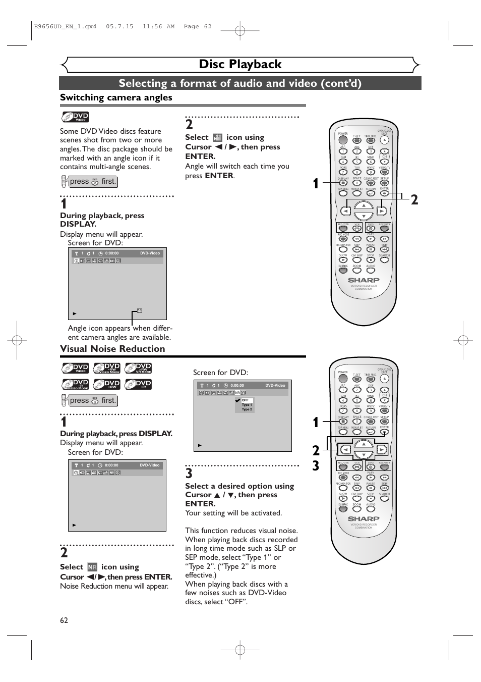 Disc playback, Selecting a format of audio and video (cont’d), Switching camera angles | Visual noise reduction | Sharp DV-RW550U User Manual | Page 62 / 112