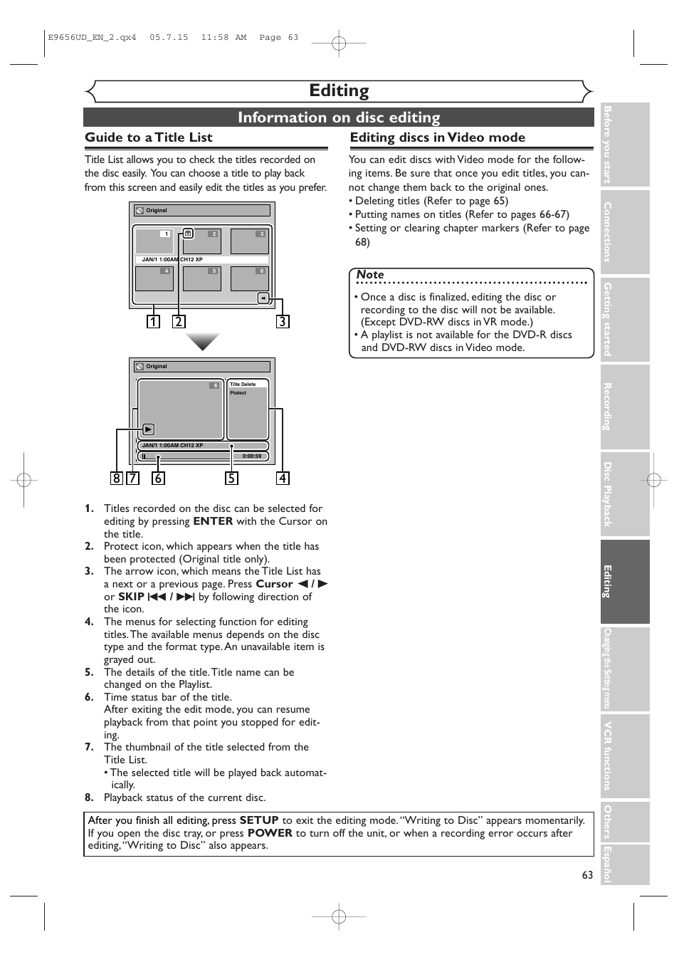 Editing, Information on disc editing, Guide to a title list editing discs in video mode | Sharp DV-RW550U User Manual | Page 63 / 112