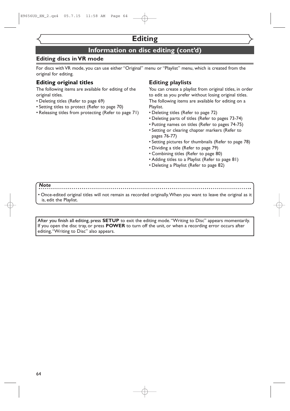 Editing, Information on disc editing (cont’d) | Sharp DV-RW550U User Manual | Page 64 / 112