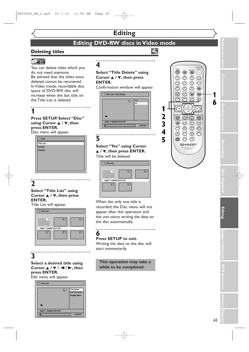 Editing, Editing dvd-rw discs in video mode, Deleting titles | Sharp DV-RW550U User Manual | Page 65 / 112