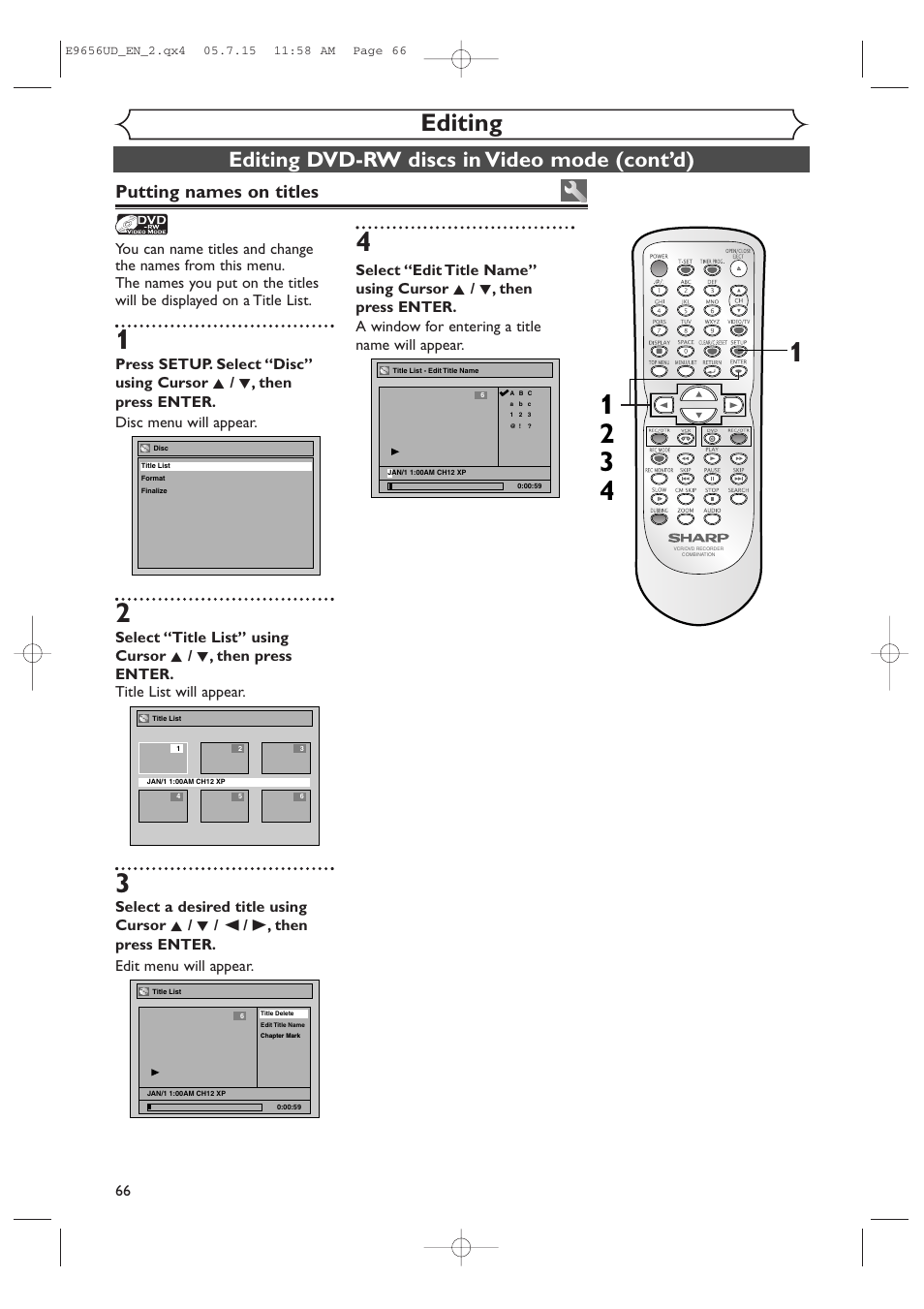 Editing, Editing dvd-rw discs in video mode (cont’d), Putting names on titles | Sharp DV-RW550U User Manual | Page 66 / 112