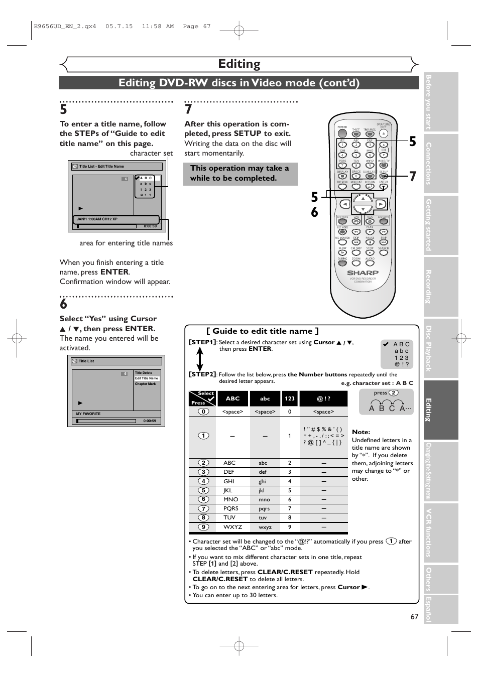 Editing, Editing dvd-rw discs in video mode (cont’d), Guide to edit title name | This operation may take a while to be completed | Sharp DV-RW550U User Manual | Page 67 / 112