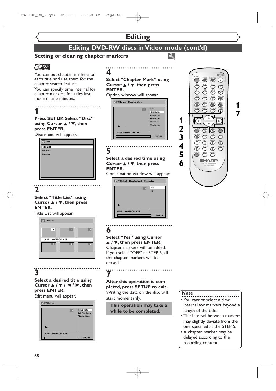 Editing, Editing dvd-rw discs in video mode (cont’d), Setting or clearing chapter markers | Sharp DV-RW550U User Manual | Page 68 / 112