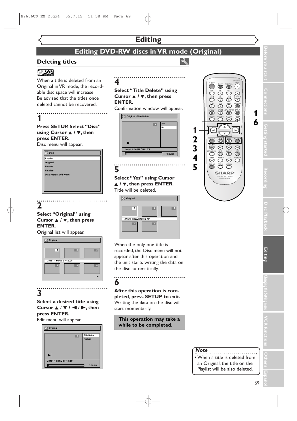 Editing, Deleting titles | Sharp DV-RW550U User Manual | Page 69 / 112