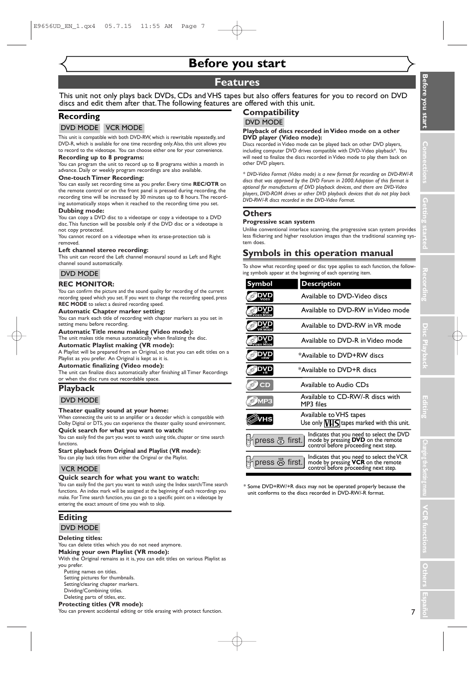 Before you start, Features, Symbols in this operation manual | Recording, Playback, Editing, Compatibility, Others | Sharp DV-RW550U User Manual | Page 7 / 112