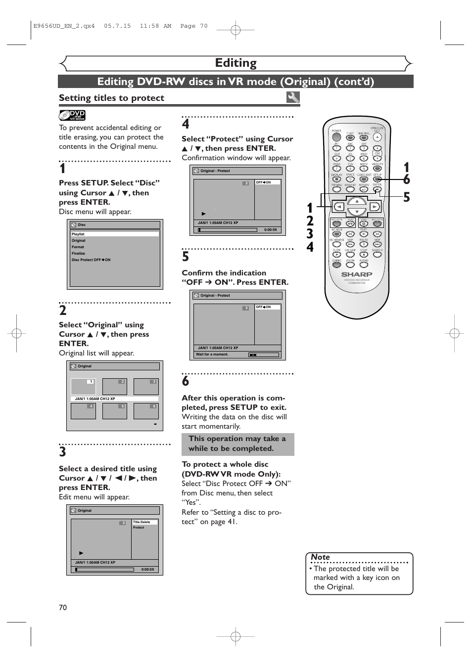 Editing, Setting titles to protect | Sharp DV-RW550U User Manual | Page 70 / 112