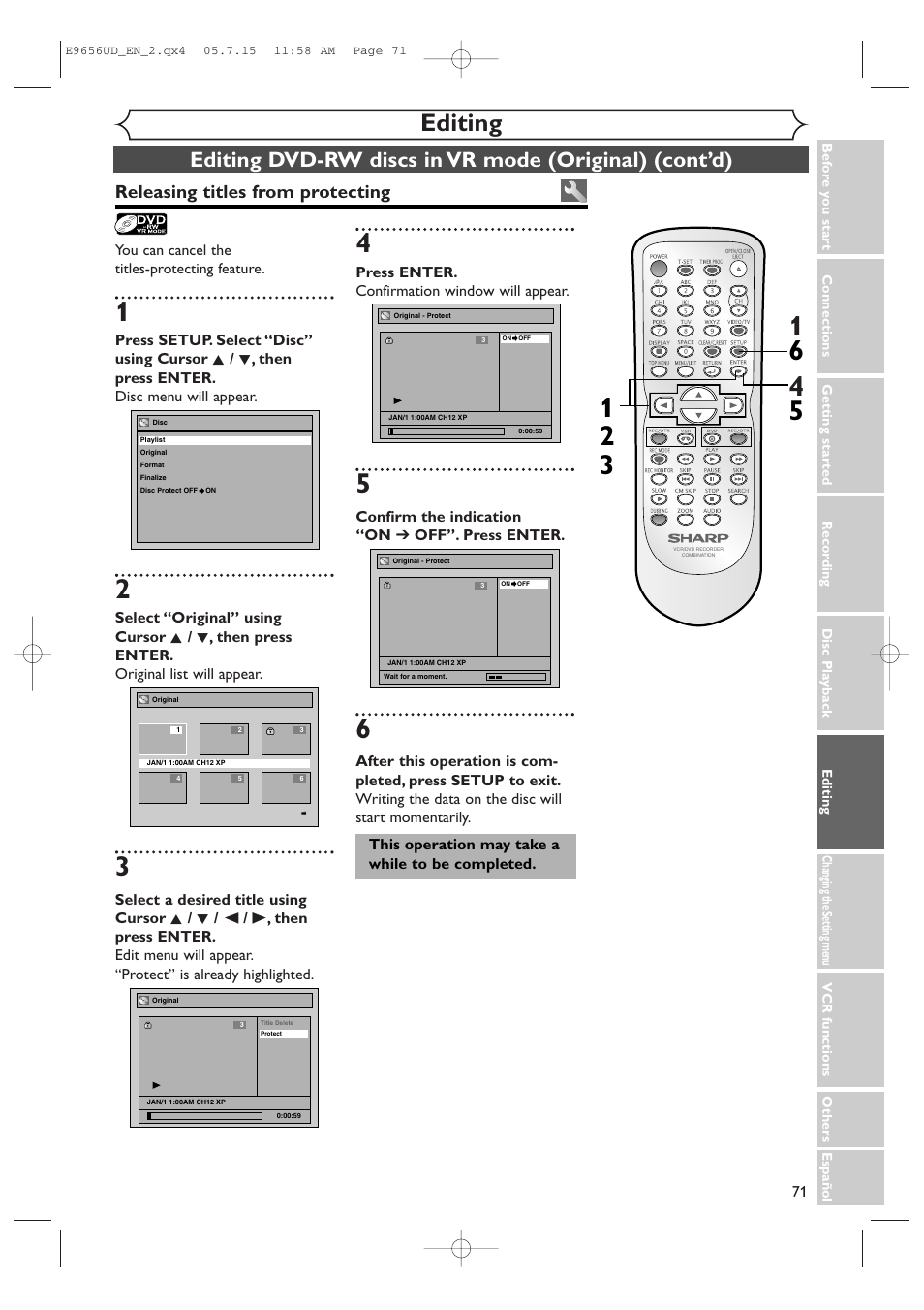 Editing, Releasing titles from protecting | Sharp DV-RW550U User Manual | Page 71 / 112