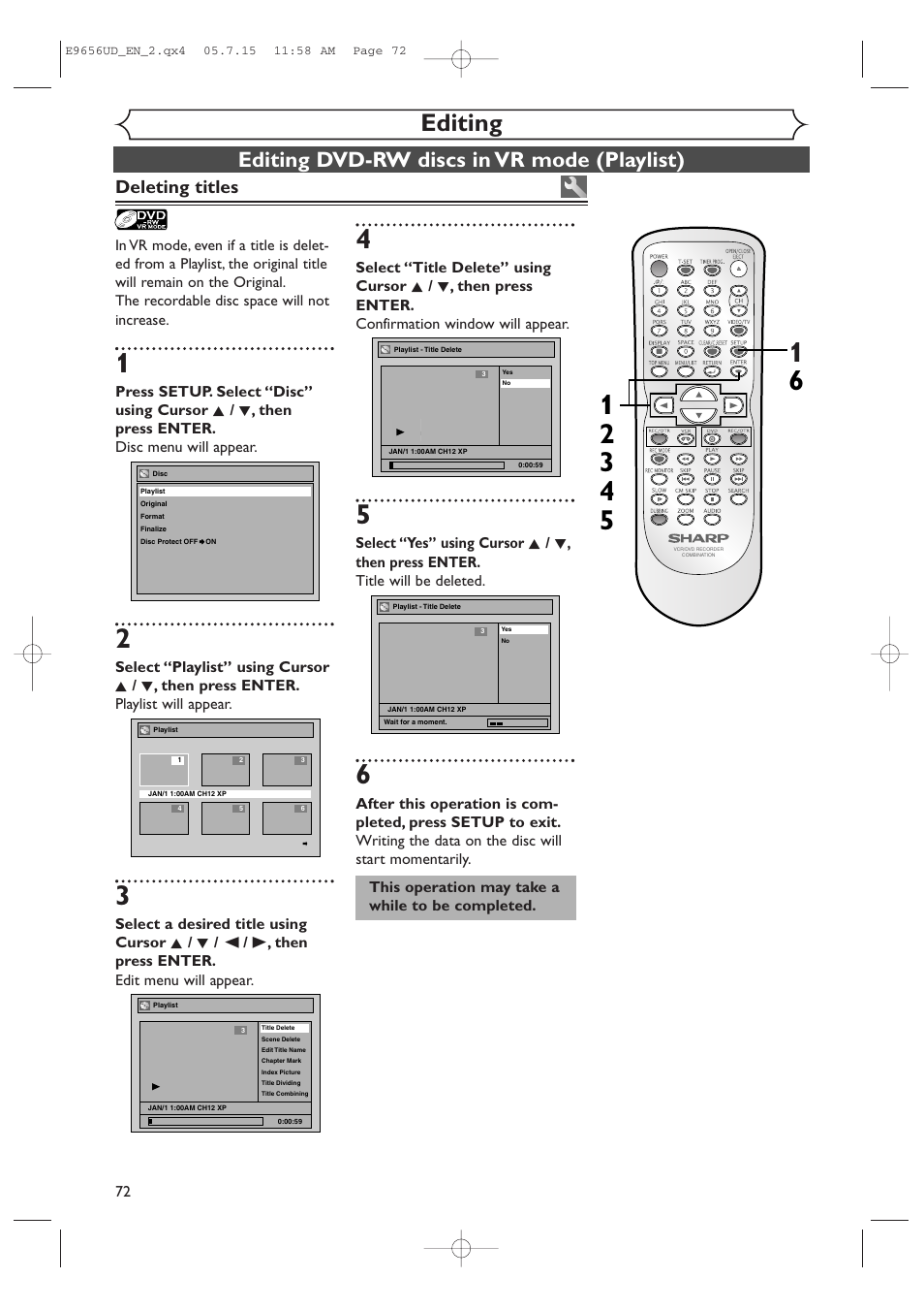 Editing, Editing dvd-rw discs in vr mode (playlist), Deleting titles | This operation may take a while to be completed | Sharp DV-RW550U User Manual | Page 72 / 112