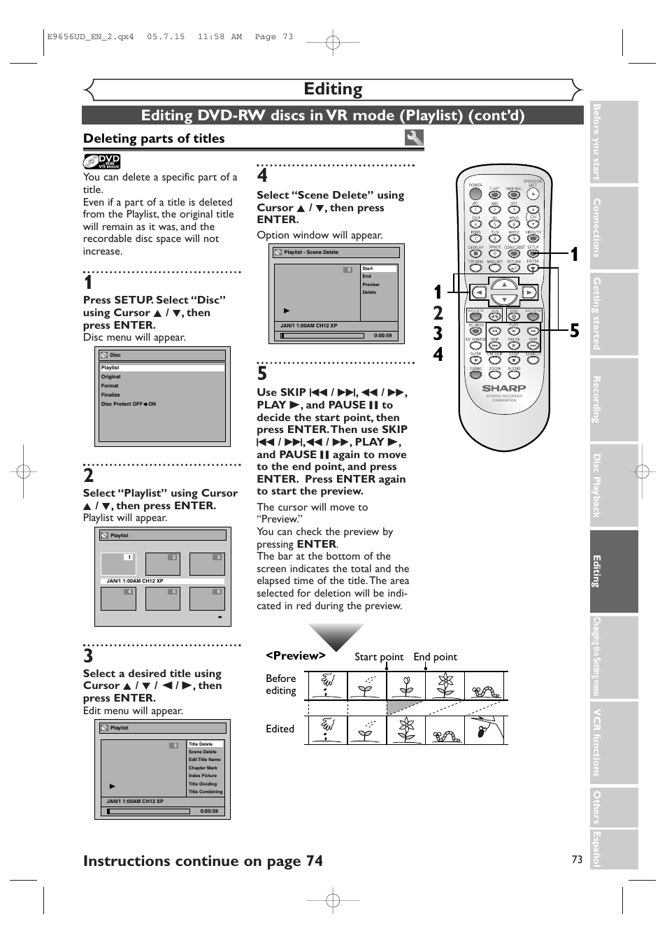 Editing, Instructions continue on page 74, Deleting parts of titles | Preview | Sharp DV-RW550U User Manual | Page 73 / 112