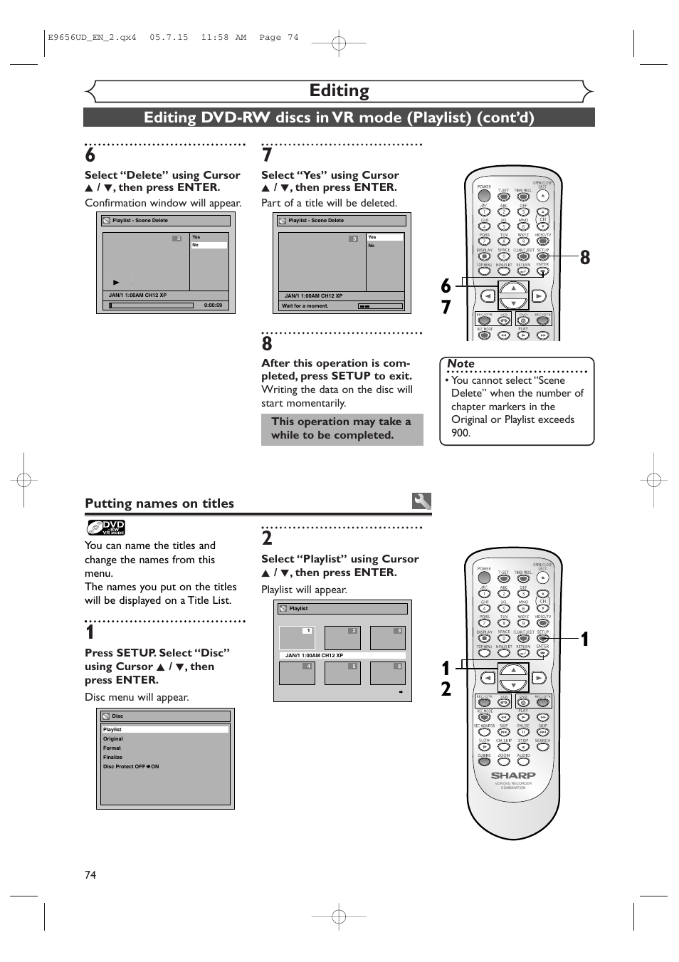 Editing, Putting names on titles | Sharp DV-RW550U User Manual | Page 74 / 112