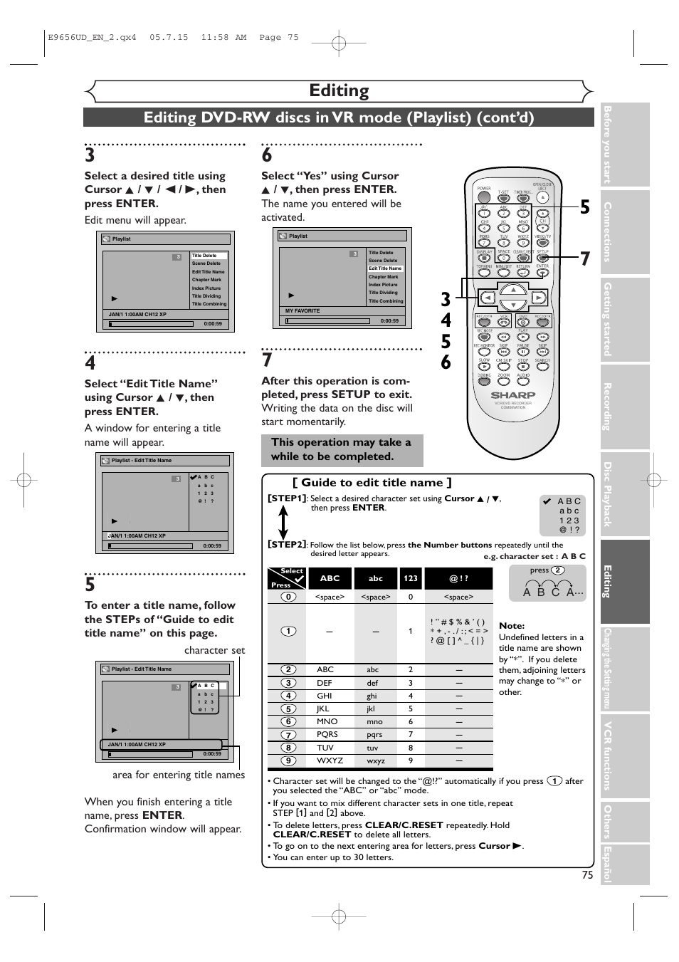 Editing, Guide to edit title name, This operation may take a while to be completed | Sharp DV-RW550U User Manual | Page 75 / 112