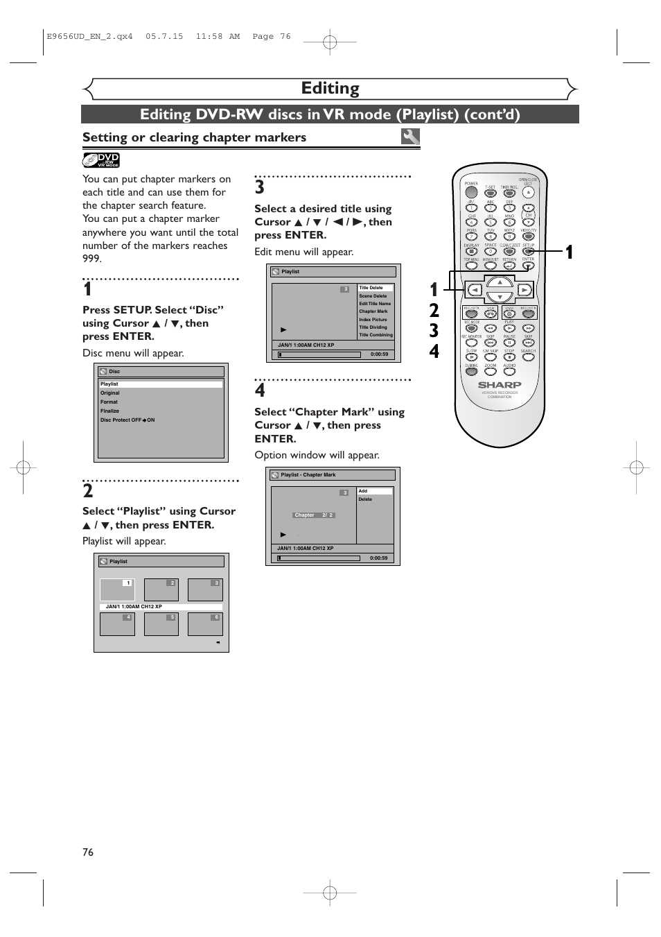 Editing, Setting or clearing chapter markers | Sharp DV-RW550U User Manual | Page 76 / 112