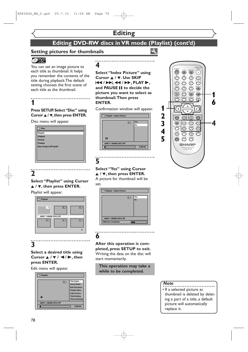 Editing, Setting pictures for thumbnails | Sharp DV-RW550U User Manual | Page 78 / 112