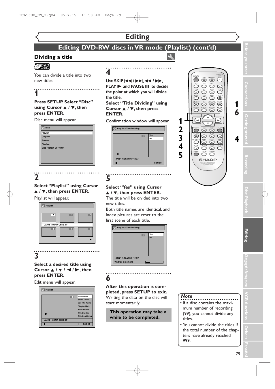 Editing, Dividing a title | Sharp DV-RW550U User Manual | Page 79 / 112