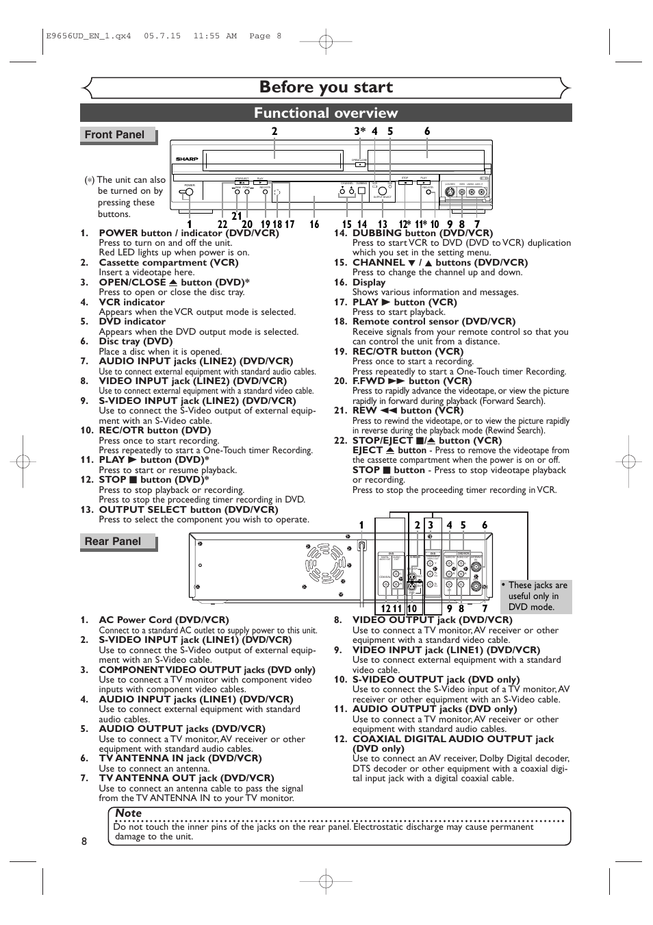 Before you start, Functional overview, Front panel | Rear panel | Sharp DV-RW550U User Manual | Page 8 / 112