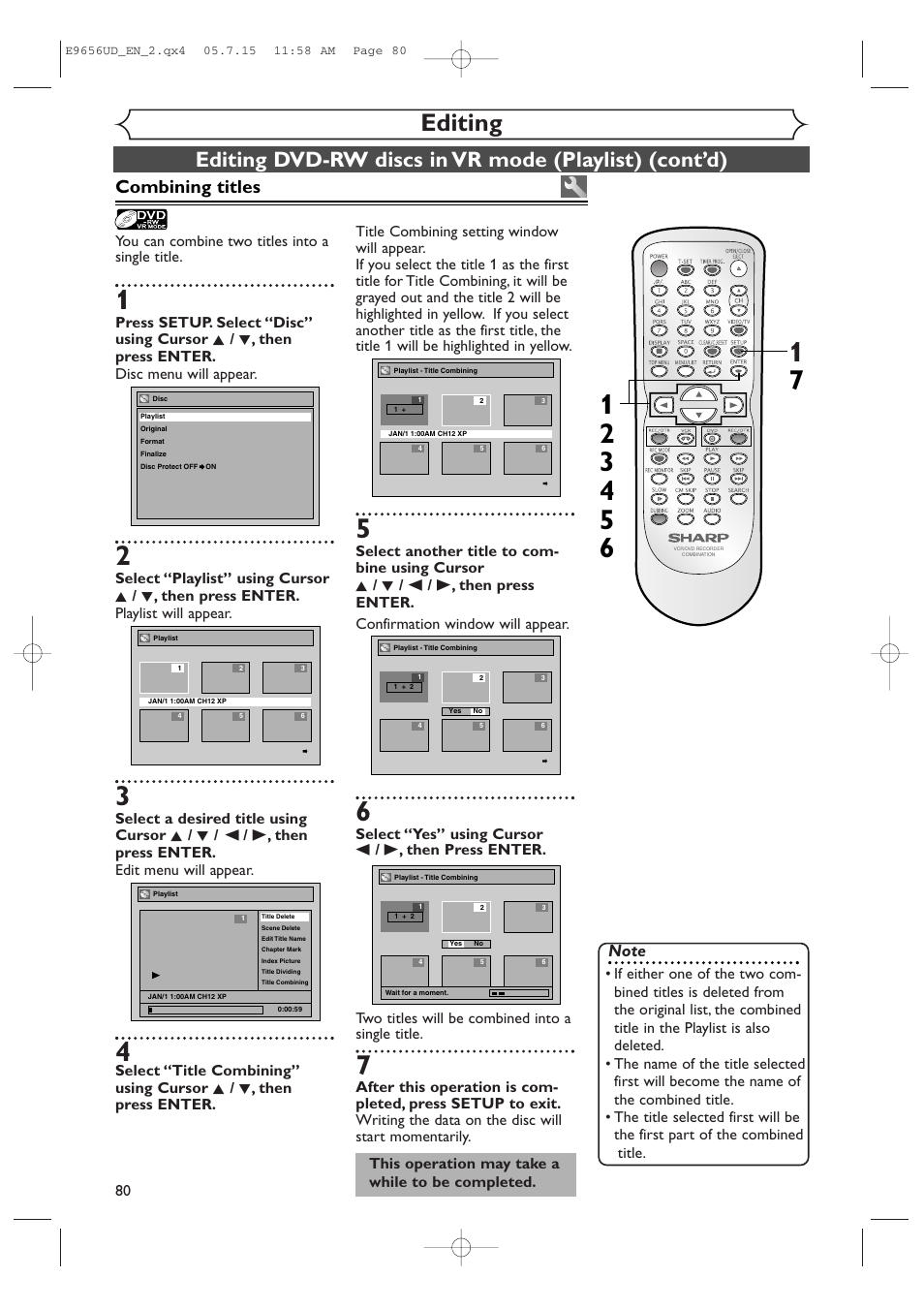 Editing, Combining titles, You can combine two titles into a single title | This operation may take a while to be completed | Sharp DV-RW550U User Manual | Page 80 / 112