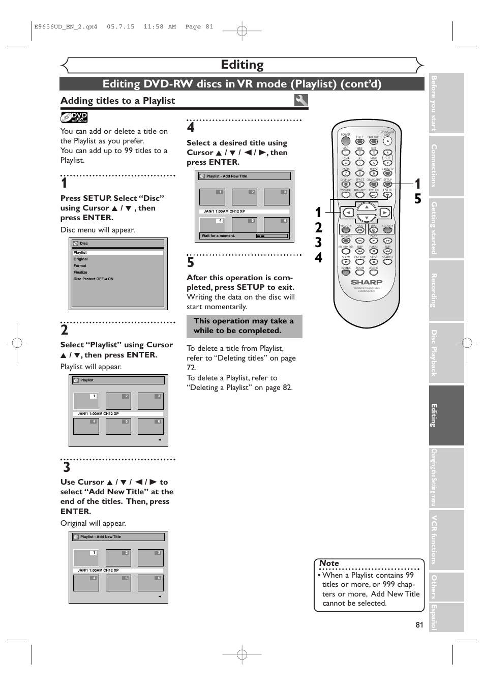 Editing, Adding titles to a playlist | Sharp DV-RW550U User Manual | Page 81 / 112