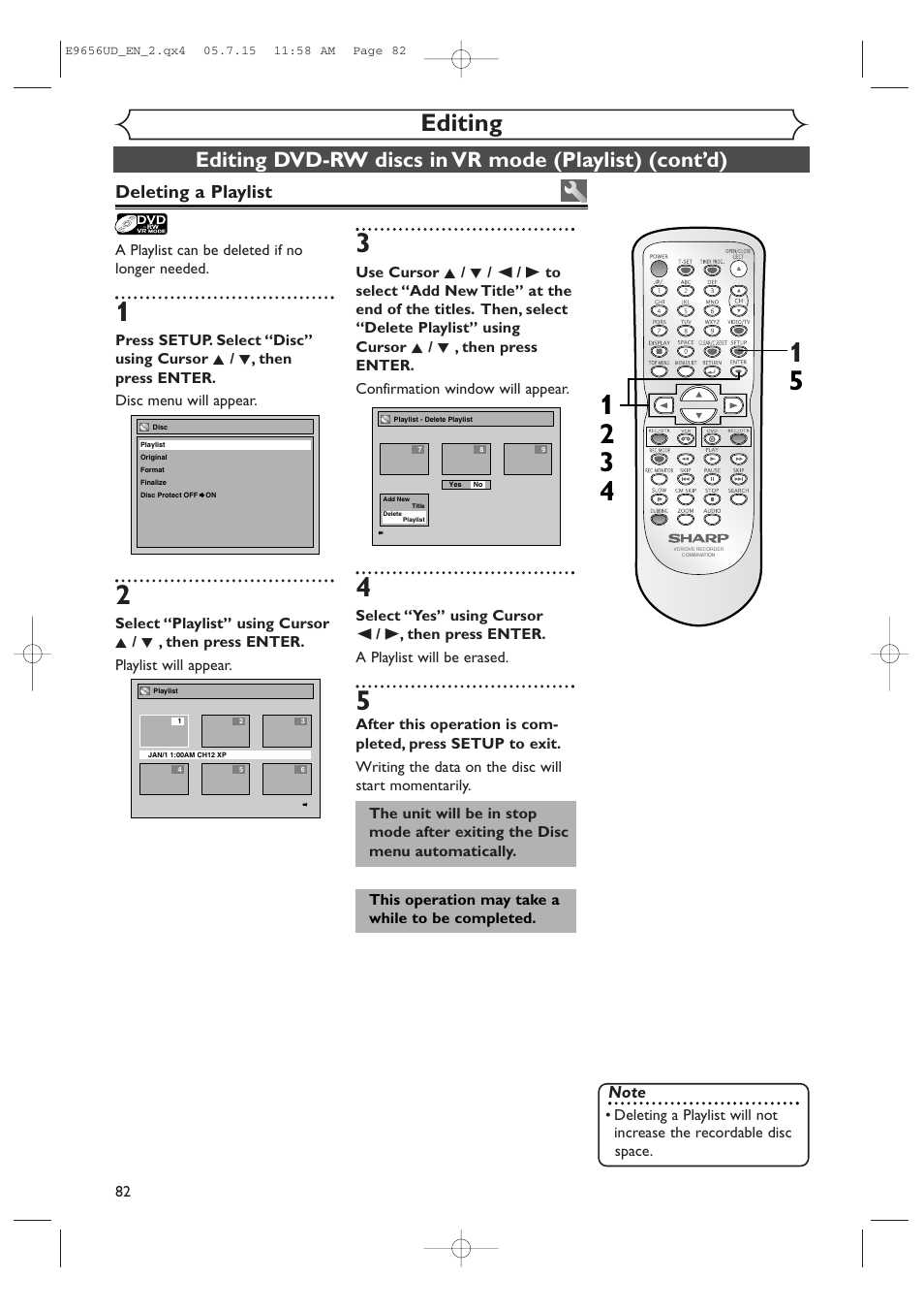 Editing, Deleting a playlist | Sharp DV-RW550U User Manual | Page 82 / 112