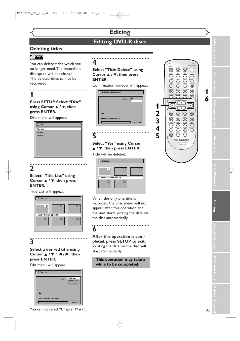 Editing, Editing dvd-r discs, Deleting titles | Sharp DV-RW550U User Manual | Page 83 / 112