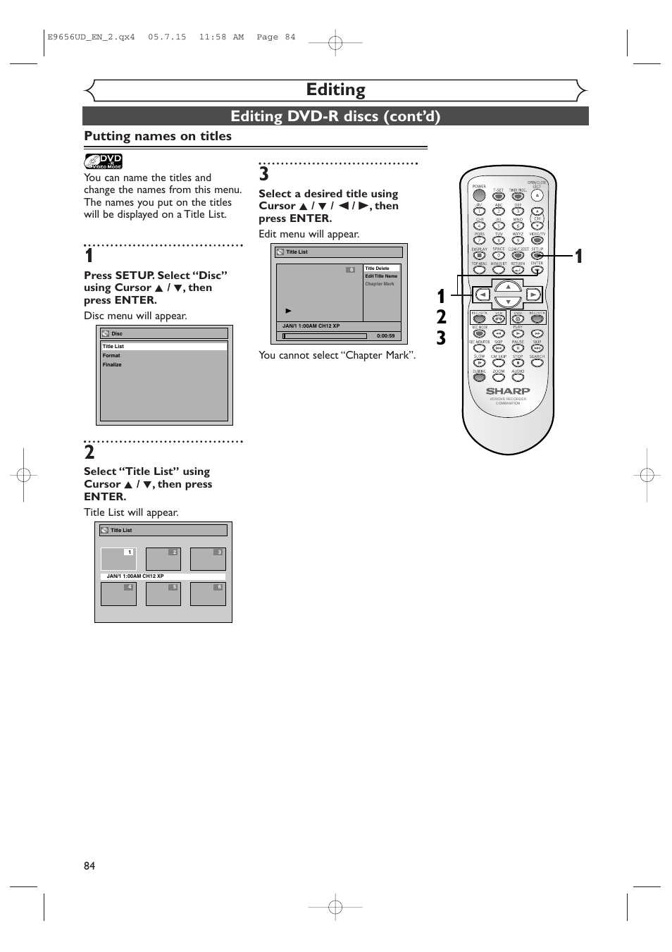 Editing, Editing dvd-r discs (cont’d), Putting names on titles | Sharp DV-RW550U User Manual | Page 84 / 112