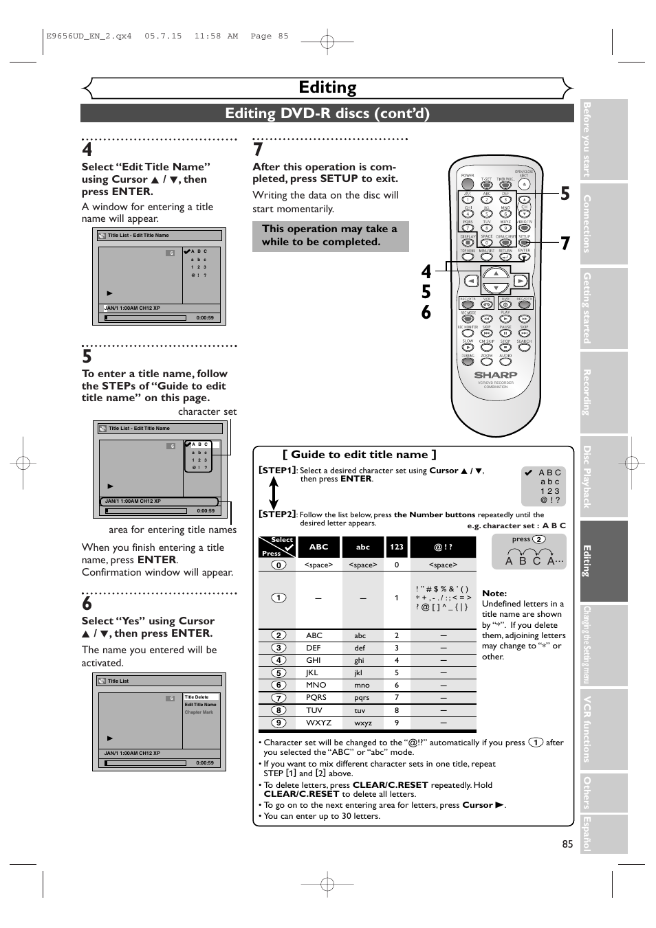 Editing, Editing dvd-r discs (cont’d), Guide to edit title name | This operation may take a while to be completed | Sharp DV-RW550U User Manual | Page 85 / 112