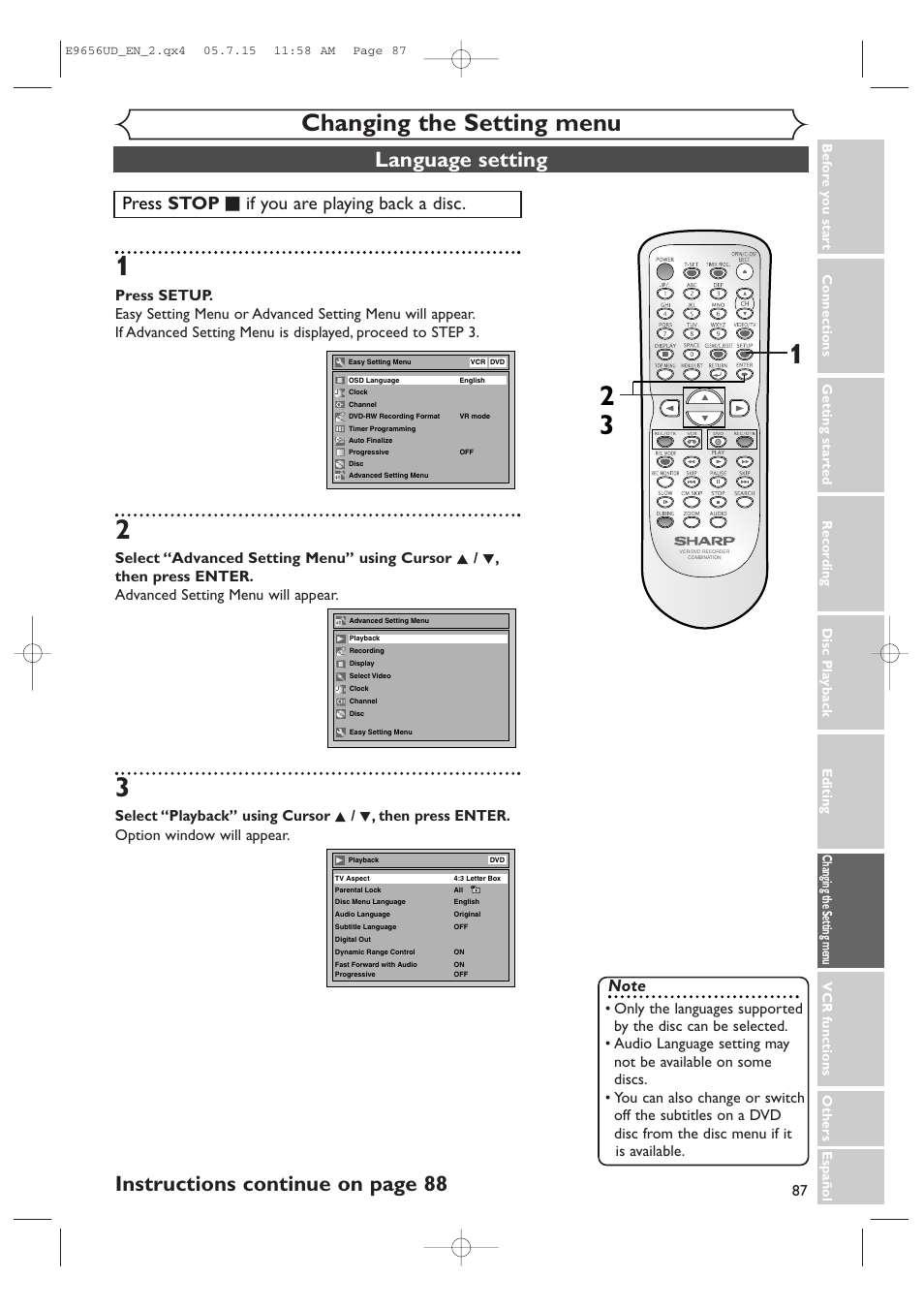 Changing the setting menu, Language setting, Instructions continue on page 88 | Press stop c c if you are playing back a disc | Sharp DV-RW550U User Manual | Page 87 / 112