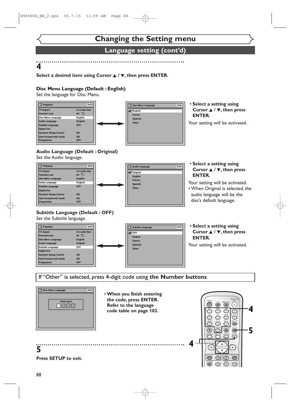 Changing the setting menu, Language setting (cont’d), Press setup to exit | Sharp DV-RW550U User Manual | Page 88 / 112