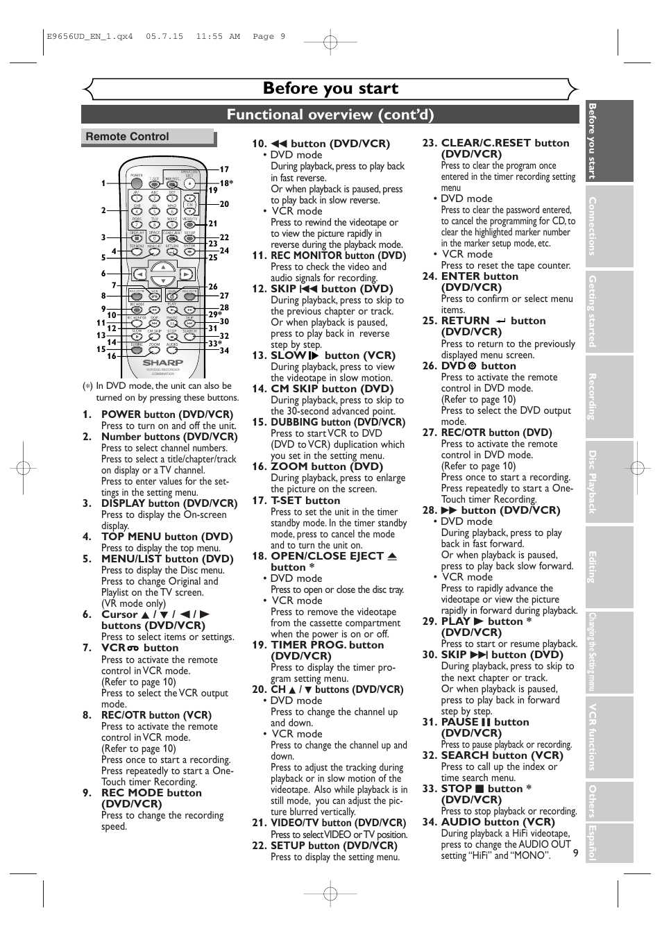 Before you start, Functional overview (cont’d) | Sharp DV-RW550U User Manual | Page 9 / 112