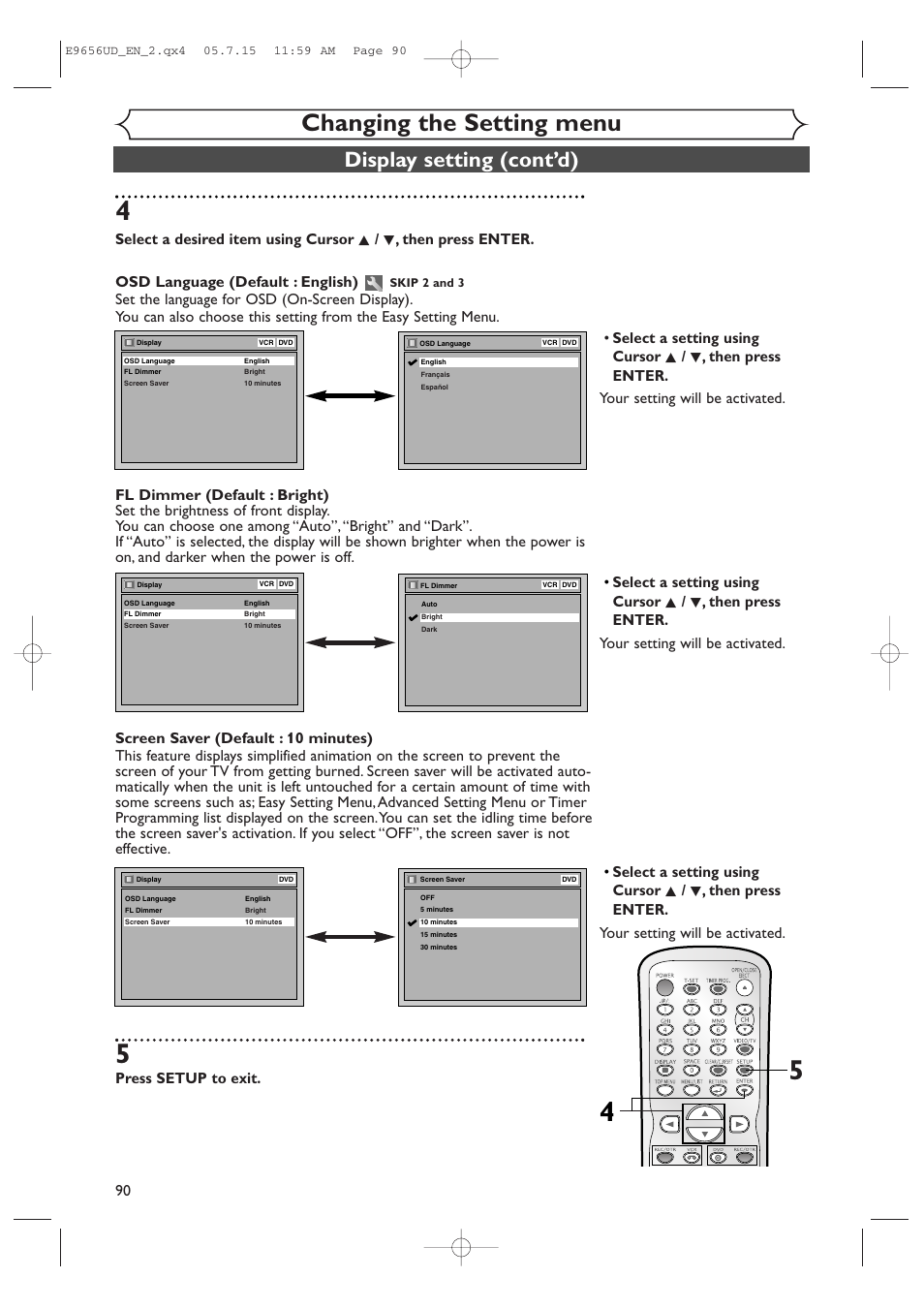 Changing the setting menu, Display setting (cont’d), Press setup to exit | Sharp DV-RW550U User Manual | Page 90 / 112